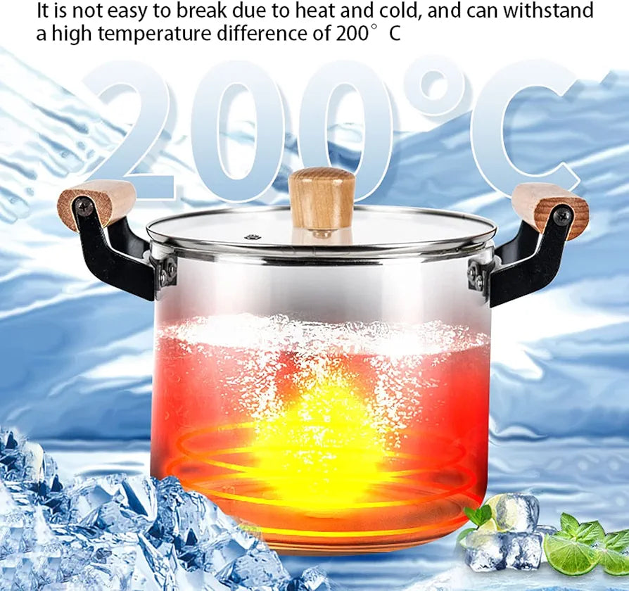 Heat-Resistant Borosilicate Glass Cooking Pot With Wooden Handles