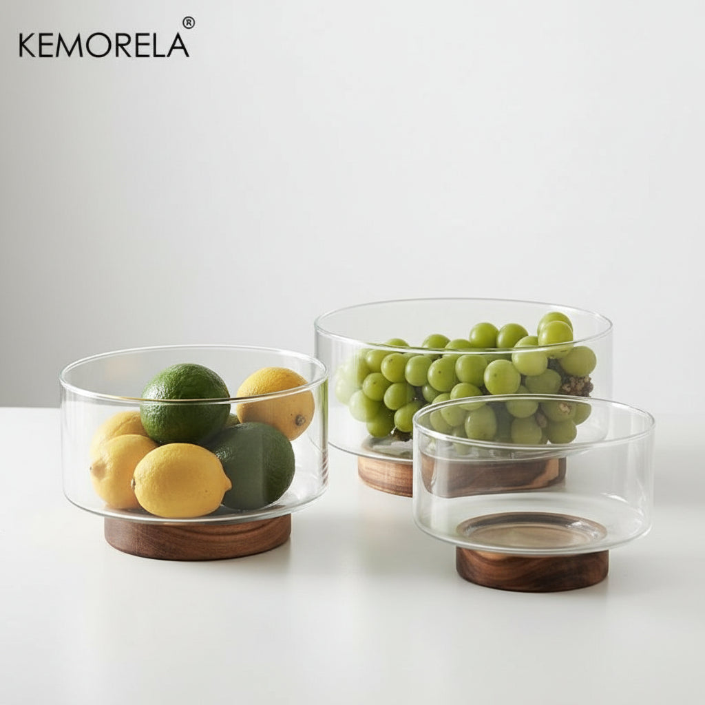 Glass fruit bowl with a wooden base