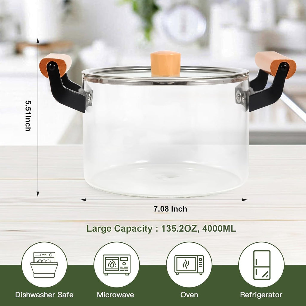 Heat-Resistant Borosilicate Glass Cooking Pot With Wooden Handles
