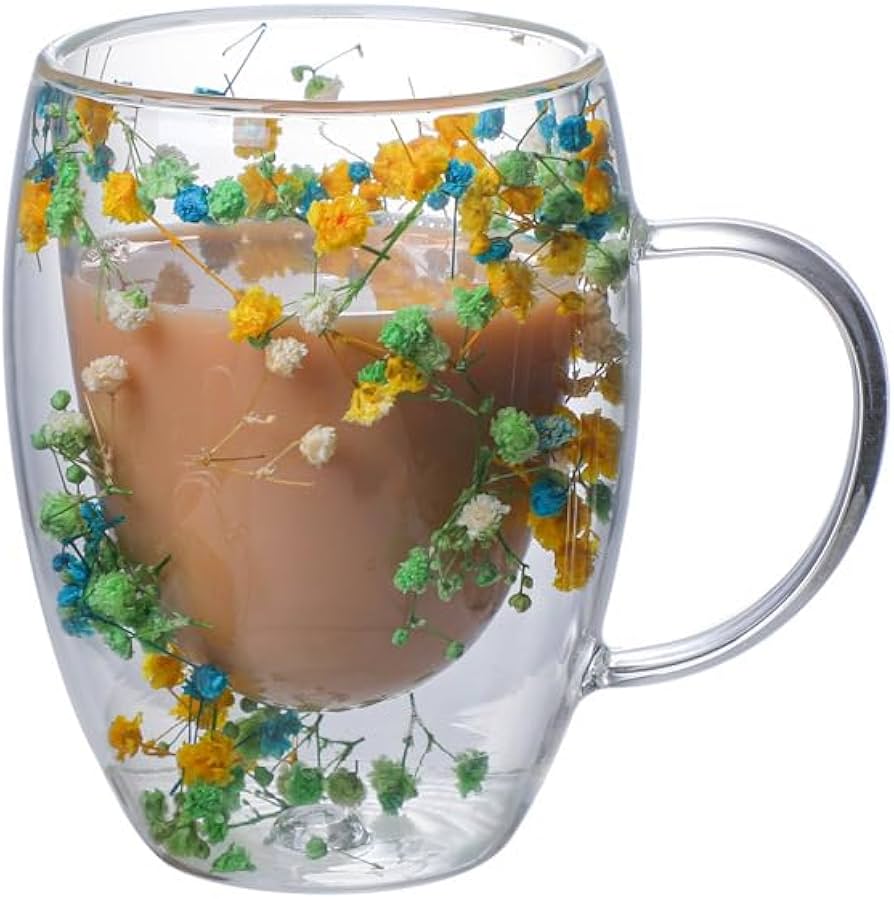 Double Walled, Insulated Coffee Mugs 350ML, Dried Flowers Multicolor Cups with Handle, Heat Resistant Cappuccino, Latte, Milk, Tea, Hot & Cold Beverages Mugs