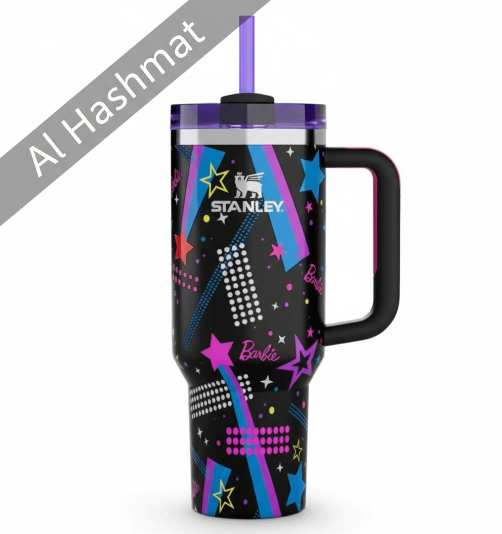 Stanley x Barbie '80s Rockers Quencher H2.0 FlowState 40 oz Tumbler, a limited edition product from the collaboration between Stanley and Barbie.
