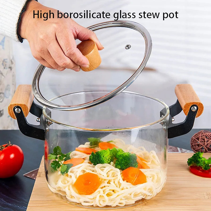 Heat-Resistant Borosilicate Glass Cooking Pot With Wooden Handles