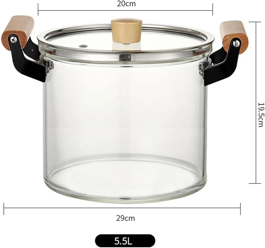 Heat-Resistant Borosilicate Glass Cooking Pot With Wooden Handles