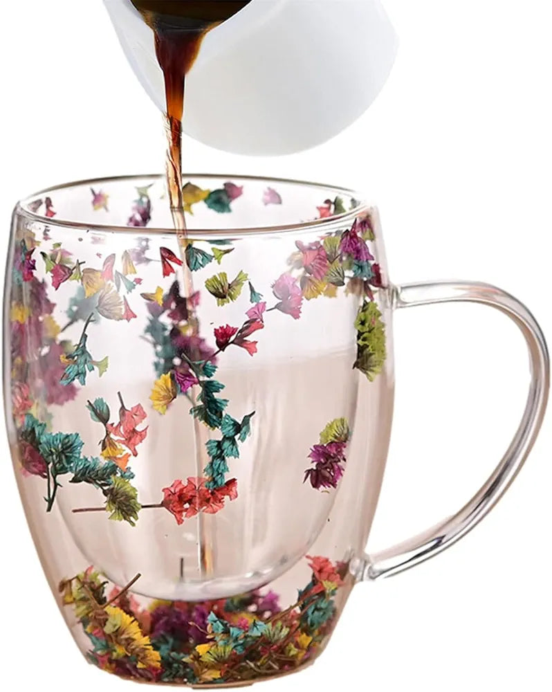 Double Walled, Insulated Coffee Mugs 350ML, Dried Flowers Multicolor Cups with Handle, Heat Resistant Cappuccino, Latte, Milk, Tea, Hot & Cold Beverages Mugs