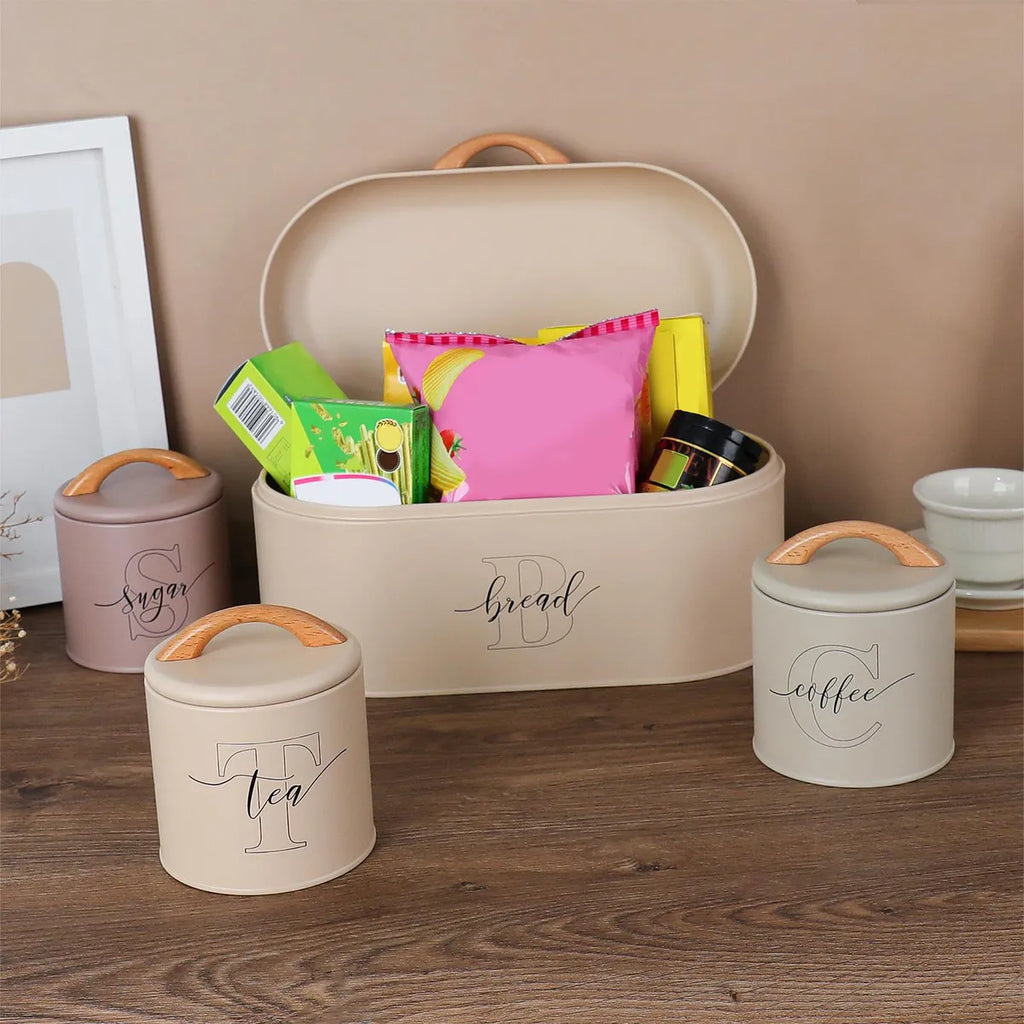 4 Pieces Tea, Coffee, Sugar Jars With Bread Box