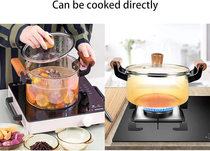 Heat-Resistant Borosilicate Glass Cooking Pot With Wooden Handles