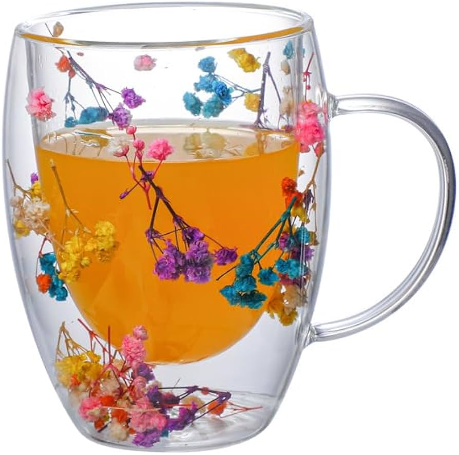 Double Walled, Insulated Coffee Mugs 350ML, Dried Flowers Multicolor Cups with Handle, Heat Resistant Cappuccino, Latte, Milk, Tea, Hot & Cold Beverages Mugs