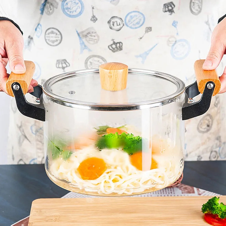 Heat-Resistant Borosilicate Glass Cooking Pot With Wooden Handles